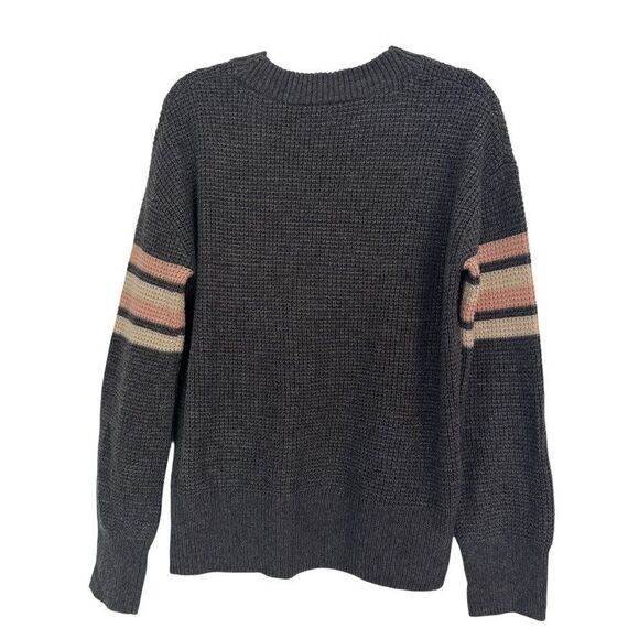 Faherty MEDIUM Wool Blend Gray Knit Sweater Crewneck Striped Pink Sleeve Comfy - Picture 3 of 7